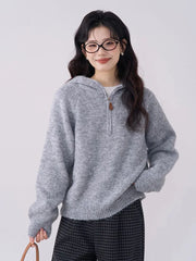 Bxoxo Korean Vintage Gray Sweaters Women Long Sleeve Casual Simple Knitted Hooded Jumper Retro Loose All Match Female Fall Winter Tops