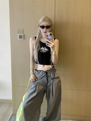 Bxoxo Plaid Ruffled Black Pants Women High Waist Kawaii Coquette Japanese Sweet Style Cute Wide Leg Trousers Harajuku Pant Vintage Y2k