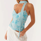 BXOXO Chic Women Sequins Beaded Flower Embroidery V-Neck Casual Tank Tops Summer Fashion Sleeveless Tops with Choker Scarf