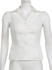 BXOXO Harajuku Y2K White Blouses Basics Turn-down Neck Chic Back Lace-Up Aesthetic Shirts Women Fashion Casual Cute Clothes