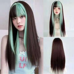 BXOXO Women Synthetic Long Straight Green Brown Layered Ombre Mix Wig Lolita Cosplay Fluffy Hair Wig for Daily Party