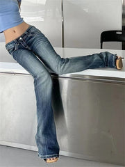 BXOXO Women's Low Waisted Micro Flared Narrow Jeans Summer New Casual Slim Retro Blue Denim Pants Female Sexy Bell-bottoms Trousers