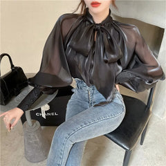 Bxoxo Shirts & Blouses Elegant Bow Lace Up Women Fashion Sleeve Blusas Mujer 2025 Early Autumn Perspective Casual All-match Blouses