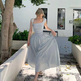 Bxoxo Elegant Stitching Dress Female Korean Chic Square Collar Short Sleeve Beach Party Dress Ladies High Waist All-Match A Line Dress