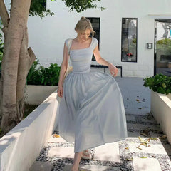 Bxoxo Elegant Stitching Dress Female Korean Chic Square Collar Short Sleeve Beach Party Dress Ladies High Waist All-Match A Line Dress