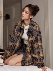 Bxoxo Autumn Tie Dye Plaid Shirt for Women Y2K American Loose Single Breasted Female Tops Korean Streetwear Casual Long Sleeve Blouse