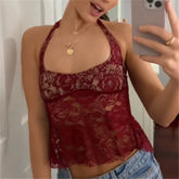 BXOXO Vintage Transparent Lace Tees Sexy Backless Bandage Halter Crop Tops Women Chic Patchwork Tees Ladies Summer Clubwear