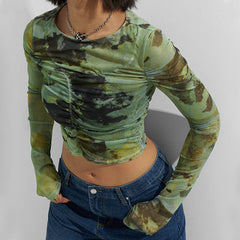 Ruched Long Sleeve Printed Crop Top