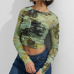 Ruched Long Sleeve Printed Crop Top