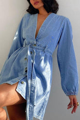 BXOXO - V Neck Button Front Lace Up Denim Dress