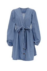 BXOXO - V Neck Button Front Lace Up Denim Dress