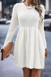 BXOXO - Solid Color Shirring Long Sleeve Knitted Dress