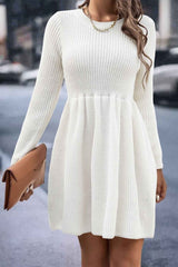 BXOXO - Solid Color Shirring Long Sleeve Knitted Dress