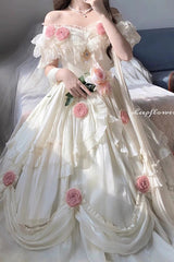 BXOXO - Ivory Tana Manor Rose Flower Long Sleeves Ruffle Bowknot Elegant Sweet Princess Lolita Strapless Dress