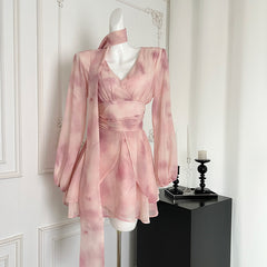 BXOXO - summer inspo Gentle Wind Long-sleeve Dress Elegant V-Neck Sweet Dresses Fairy Holiday High Waist Loose Short Dress Vestidos