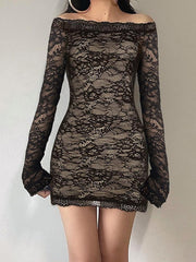 BXOXO - Off-Shoulder Lace Hollow-Out Mesh Mini Dress