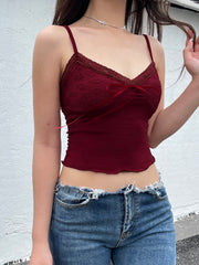 BXOXO - summer inspo Christmas Red Vintage Elegant Camisole Lace Trim V Neck Tie Bow Sleeveless Slim Cute Crop Top Women Y2K Streetwear Clothes