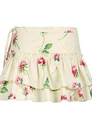 Ruffle Tie Floral Short Skirt
