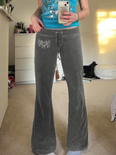 BXOXO - summer inspo American Retro Y2K Low Waisted Velvet Flared Pants Women Drawstring Tie Waist Heart Rhinestone Cute Casual Streetwear Trousers