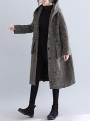 BXOXO Loose Plaid Woolen Hood Coat