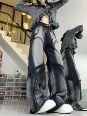 BXOXO Grunge Y2k Cargo Jeans Women Streetwear Wide Leg Hip-hop Black Aesthetic Patchwork Jeans Baggy Vintage Denim Trousers