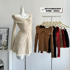 BXOXO - summer inspo Autumn New Elegant Set Skirt Women's Slim Temperament Long Sleeve Knitted Top Pleated Skirt Two Piece Set