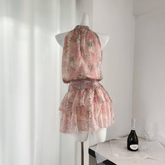 BXOXO - summer inspo Sexy Sleeveless Halter Top for Women Mini Pleated Skirt Set Summer New Ruched Print Floral Two Piece Sets Fashion Casual