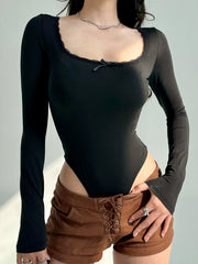 BXOXO - summer inspo Autumn Hotsweets Slim Long Sleeve Bodysuit Women Simple Lace Trim Square Collar Bow Rompers Trendy Clothing