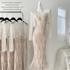 BXOXO - summer inspo Lace Splicing Suspender Dress Women's Sweet V-Neck Long Skirt Summer New Sweet Slim Dress Gentle Style Cardigan Two-piece Set