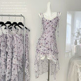 BXOXO - summer inspo Ruffle Edge Floral Print Suspender Dress For Women 2025 Summer New V-Neck Pleated Irregular Slim Fit Dress