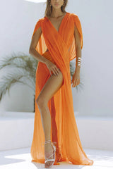 BXOXO - Enjoy Your Vacation Linen Blend Ruched Shoulder Drape Loose Cover Up Maxi Dress