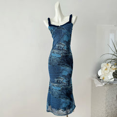 BXOXO - summer inspo Summer New Patchwork Dress Women Suspender Dresses American Retro Slim Fit Long Dress Street Style Spicy Girl Wrapped Hip Skirt