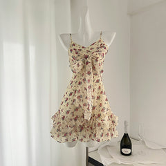 BXOXO - summer inspo Women Dress Summer New Sweet Style Floral Suspender Dress Small Fresh V-neck High Waist Dress Patry Beach Style