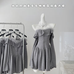 BXOXO - summer inspo Elegant Long Sleeve Dress Solid Color Off-shoulder Slimming Short Skirt Women Fashion Design Wrinkled A-line Dress Autumn New