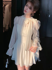 BXOXO party look inspos Elegant Chiffon Dress Women Solid Flare Sleeve Bow O-neck Autumn Spring Korean Style Y2K Evening Party Wedding Robe Vestidos New