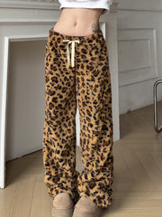 BXOXO - summer inspo Leopard Velvet Women Loose Long Pants Bow Y2k Retro Fashion Chic Warm Autumn New Trousers Design Street Style