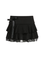BXOXO - summer inspo Goth Y2K Black Lace Trim Bow A Line Mini Skirt Women Korean Streetwear