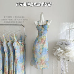 BXOXO - summer inspo French Retro Sexy Feminine Elegant Floral Suspender Dress Summer Party Women's Chic Design Gentle Temperament Long Dress