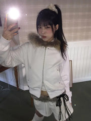 BXOXO Japanese Y2k Hoodies Women Vintage Black Fur Jackets Korean Style Hooded Sweatshirt Grunge Zipper Casual Coat Aesthetics