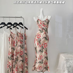 BXOXO - summer inspo Women Sexy V-Neck Ruffles Floral Print Suspender Dresses 2025 Summer High Waist Hotsweet Beach Mermaid Dress Vestido