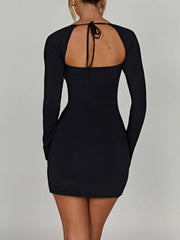 BXOXO - summer inspo Backless Lace-Up Slim Sexy Black Short Dress Women Square Collar Solid Split Elegant Basic Long Sleeve Baddie Clubwear