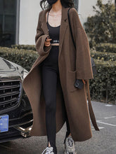 BXOXO Long Sleeves Loose Pockets Solid Color Tied Waist Notched Collar Cardigan Coats