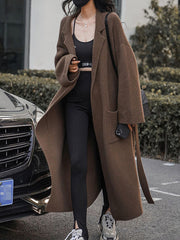 BXOXO Long Sleeves Loose Pockets Solid Color Tied Waist Notched Collar Cardigan Coats