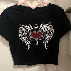 Bxoxo Gothic Grunge Streetwear Y2K Women's Crop Top vintage Hip Hop Harajuku Sexy Slim Emo Girls Geometric Pattern Print Short Sleeves