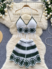BXOXO 2025 Beach Suits Sexy Two Pieces Set Women Fashion Halter Tassel Tank Top + Elastic Wide Legs Hollow Out Casual Shorts Female