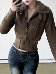 BXOXO - summer inspo Fashion Warm Chamois Women’s Jackets Long Sleeve Plus Velvet Faux Collar Zipper American Retro Thicked Coat