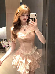 BXOXO Pink Camisole Women's Clothes Sexy Sweet coquettish Tank Top Lace Slim Corset Top Kawaii Girl Harajuku Crop Tops Graphic Camis