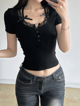 BXOXO - summer inspo Halter Neck Lace Trim Bow Cute Black Y2K T-Shirt Women Button Up Slim Short Sleeve White Tees Sweet Balletcore Clothing