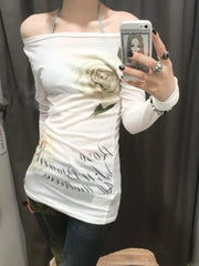 BXOXO Sexy Off Shoulder T-shirt Y2k Vintage 2000s Japanese Street Style Tops Harajuku See Through Long Sleeve Tops Slim Up