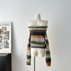 BXOXO - summer inspo Women's Y2K Sexy Off-the-shoulder Vintage Striped Knit Sweater Y2K Vintage Chic Design Women Autumn And Winter Sweater